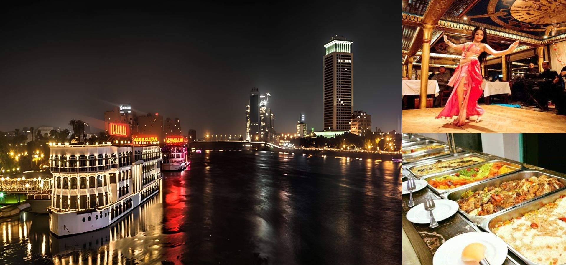 Cairo skyline lit up at night, reflecting on the Nile River